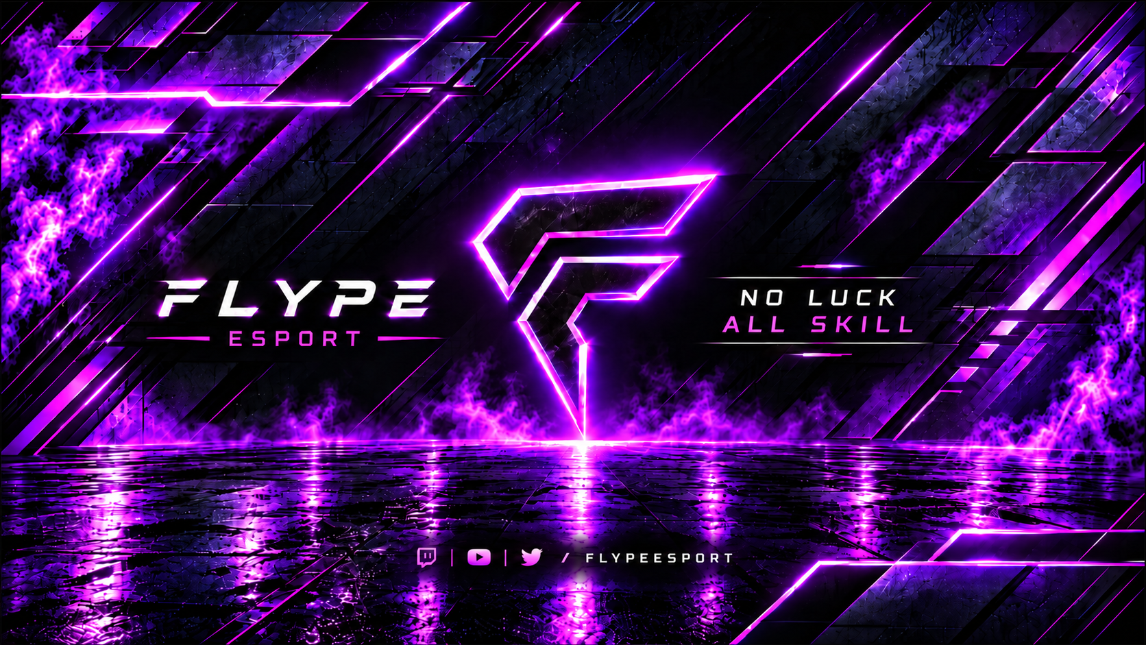 Visuel de la team Flype Esport : emblème F et slogan No Luck, All Skill sur fond noir et néon violet